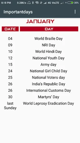 Important Days and Dates screenshot 1